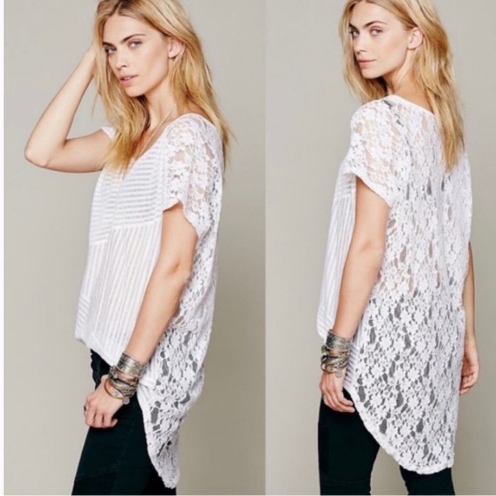 Free People Daydream Striped Lace High Low Tunic Lace Back Burnout Hi-Lo top